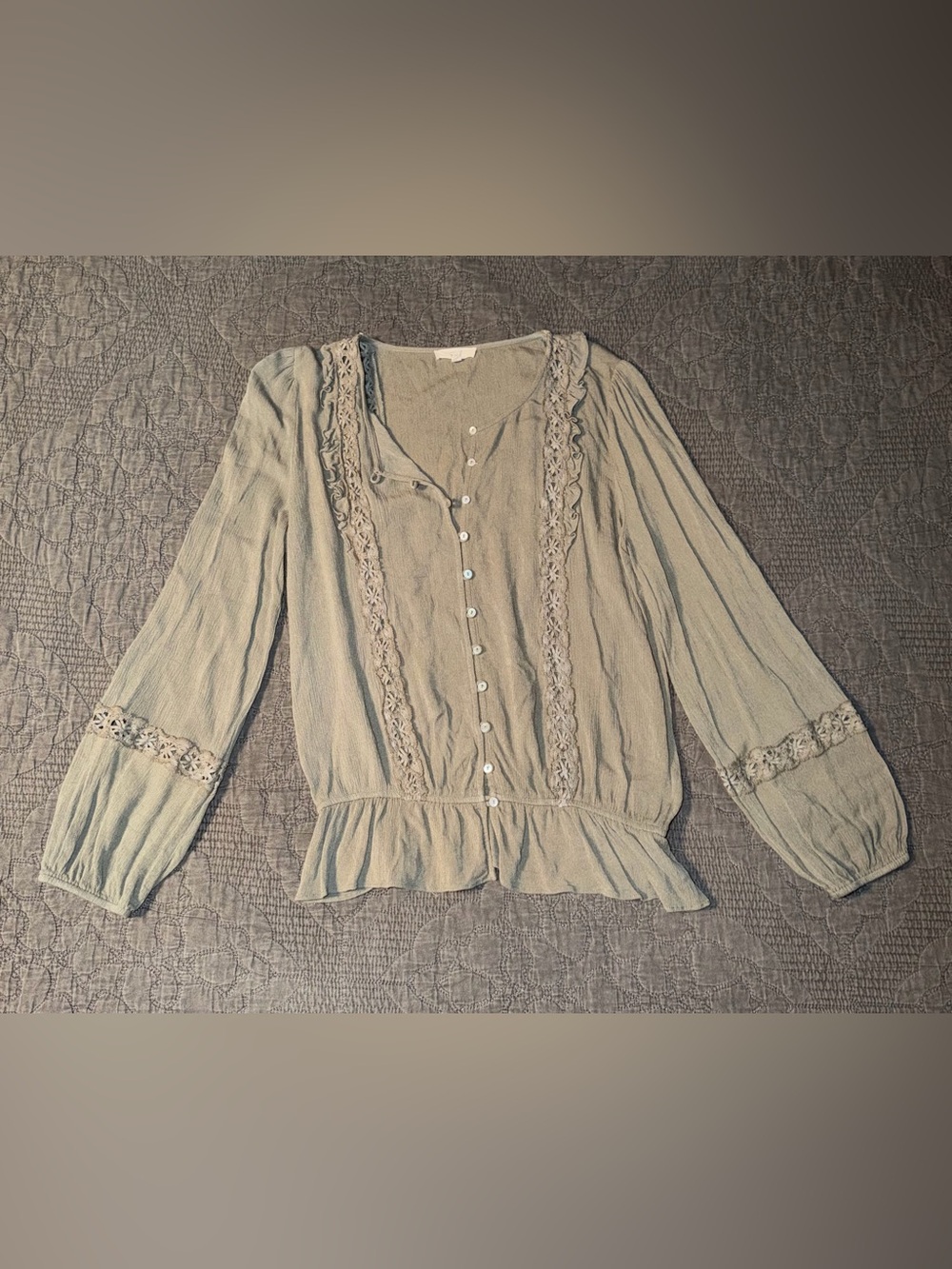 Easel Lace-Trim Button-Down Blouse-Olive Green Women’s Size-L